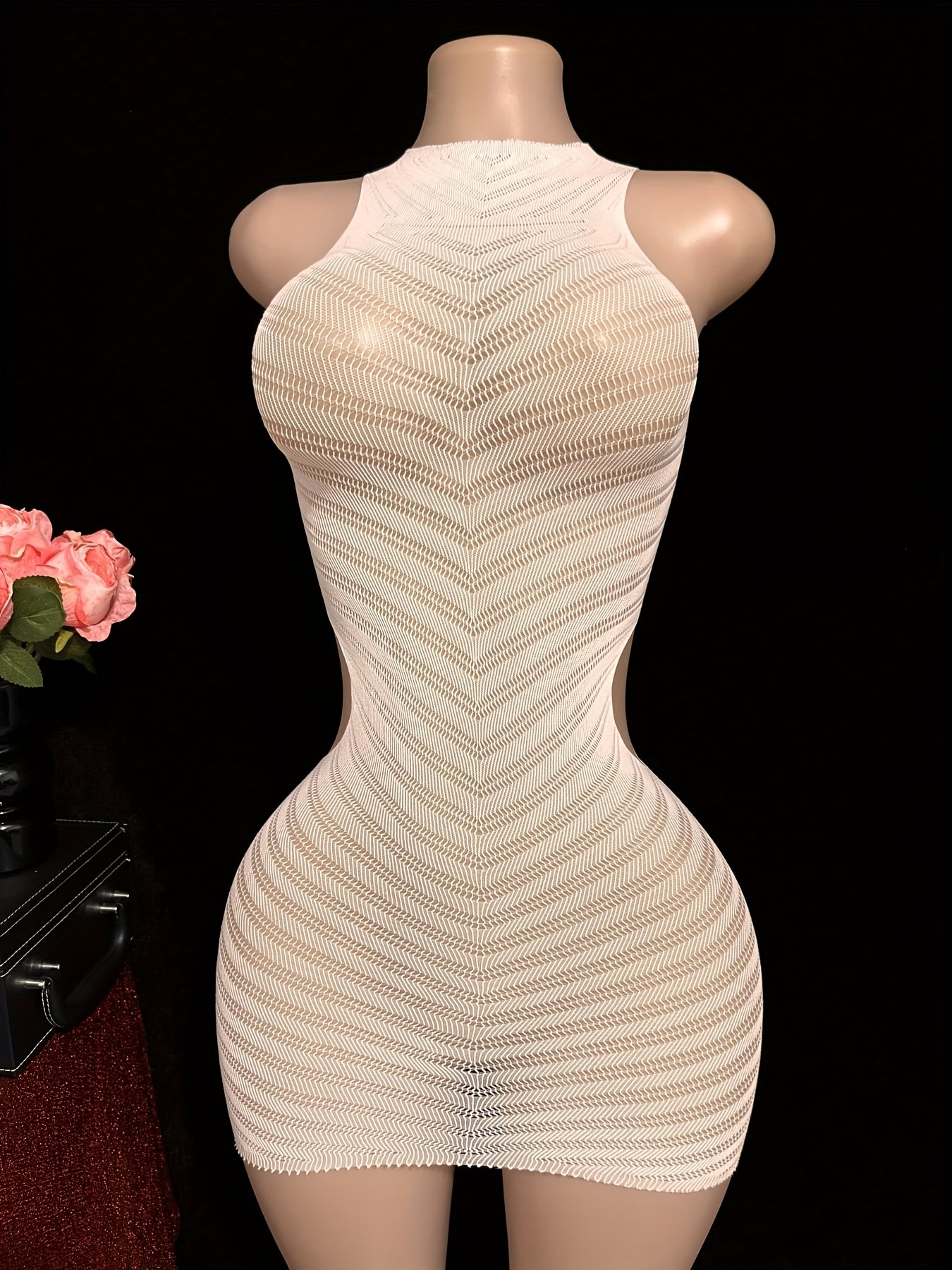 1pc of White Sexy Fitted Sleeveless Bodysuit Dress with Side Waist Hollow Design, High Elasticity Mesh Fabric, Beach Cover-Up.